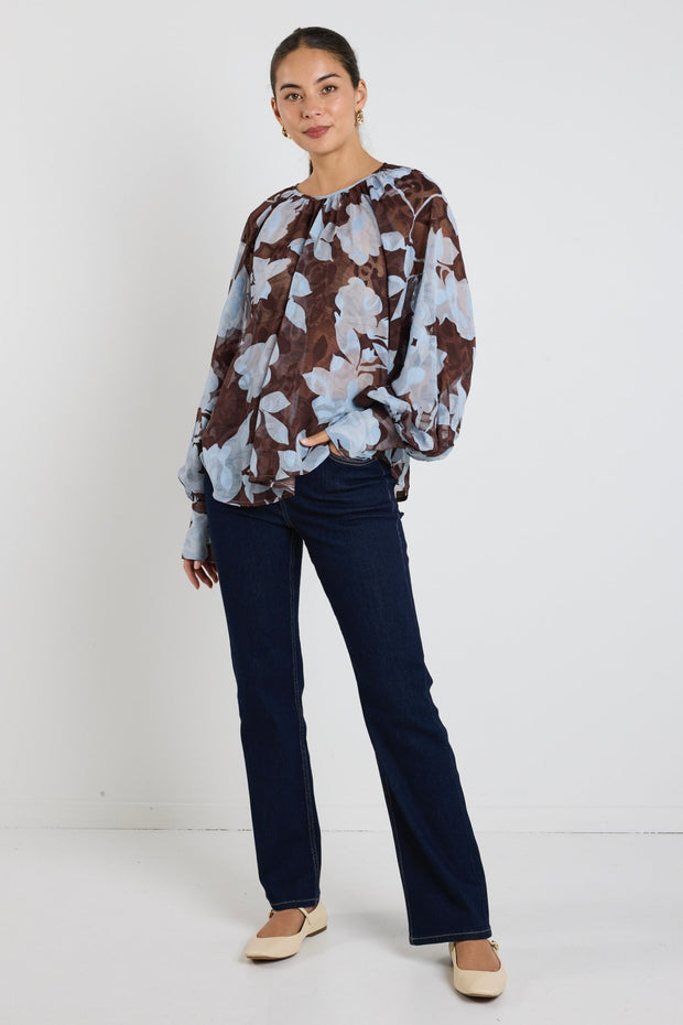 Cosmopolitan Floral Crew Neck Top - Chocolate/Blue