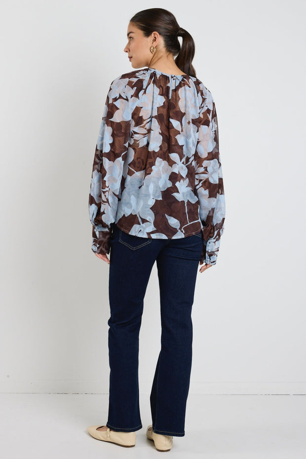 Cosmopolitan Floral Crew Neck Top - Chocolate/Blue