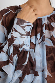 Cosmopolitan Floral Crew Neck Top - Chocolate/Blue