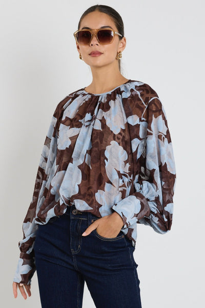 Cosmopolitan Floral Crew Neck Top - Chocolate/Blue