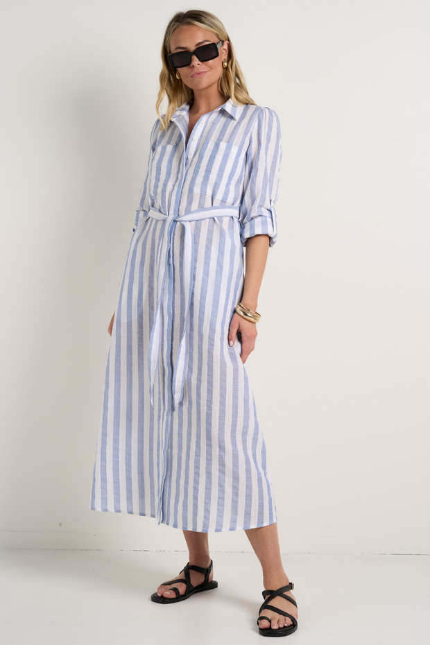 Cyprus Long Sleeve Shirt Midi Dress - Blue Stripe