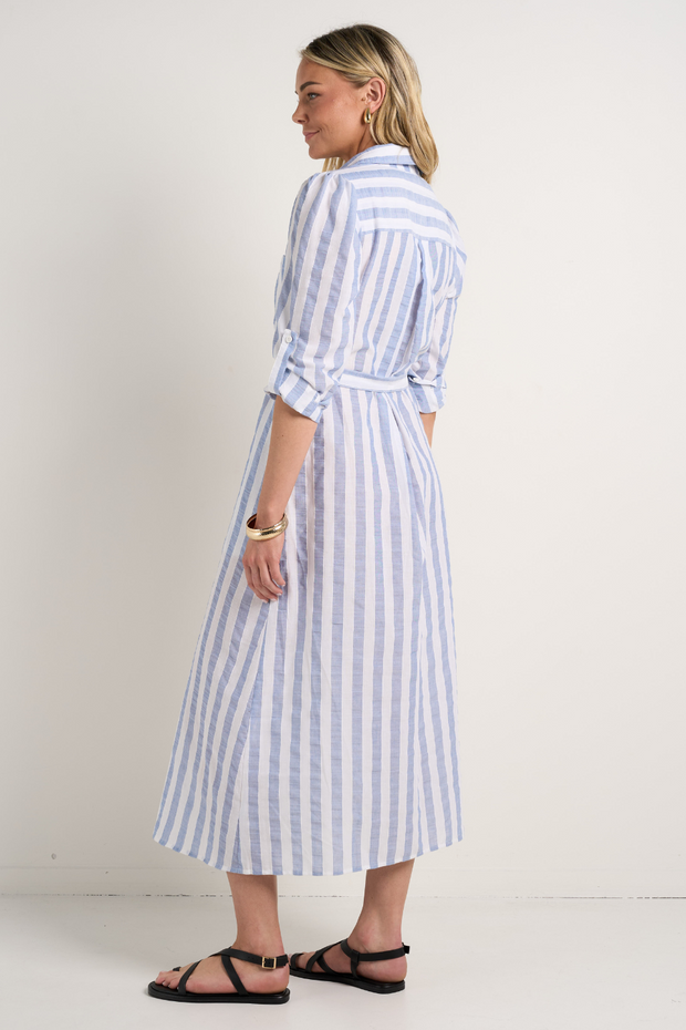 Cyprus Long Sleeve Shirt Midi Dress - Blue Stripe