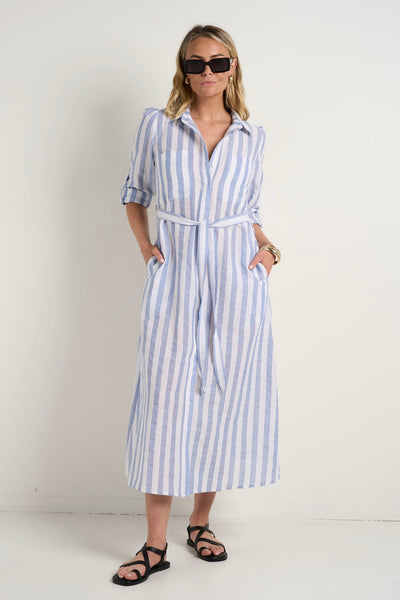 Cyprus Long Sleeve Shirt Midi Dress - Blue Stripe