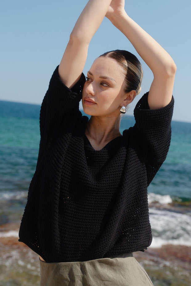 Sunrise S/S Crochet Knit Top - Blackm