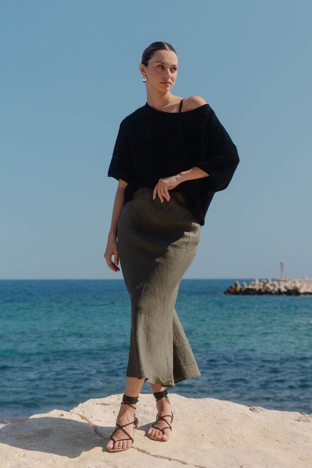 Bliss Linen Bias Midi Skirt - Khaki
