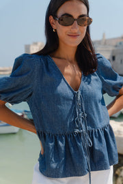 Restore Peplum S/S top - Storm Blue Chambray