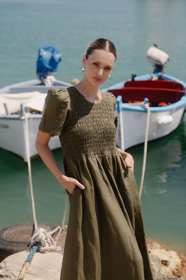 Wren Linen Blend S/S Bodice Midi Dress - Khaki