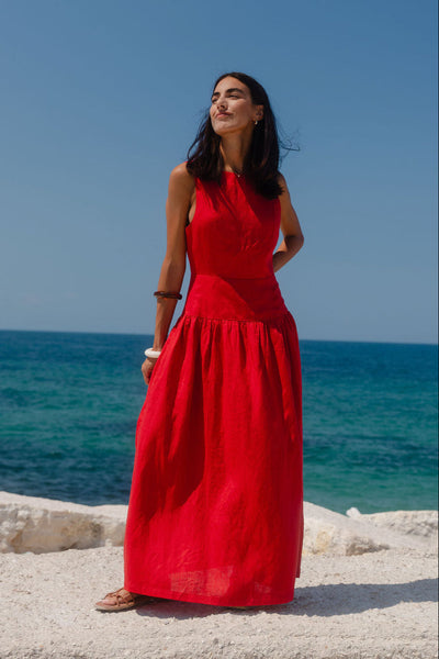 Results Linen Blend Structured Sleeveless Maxi Dress - Red