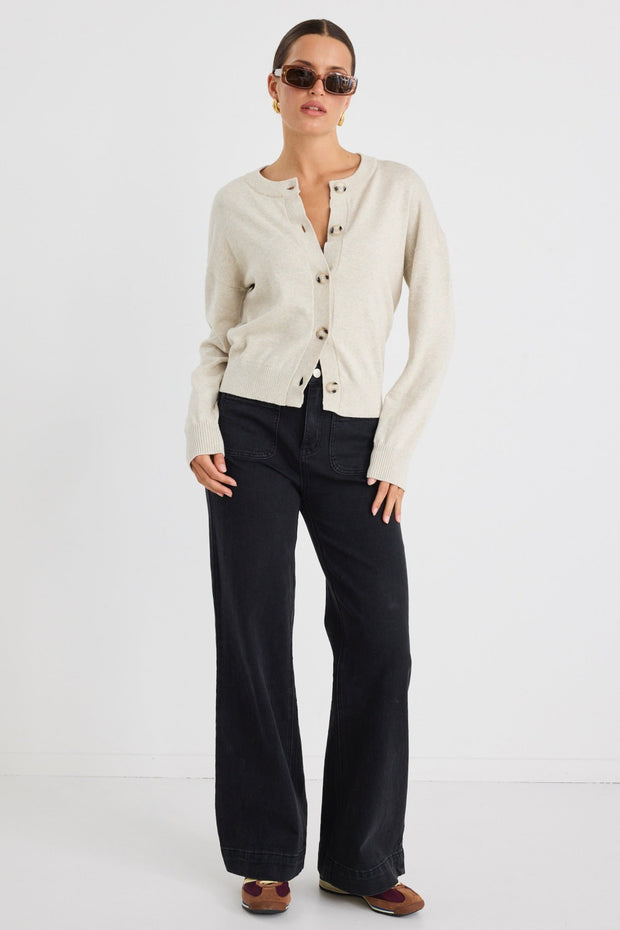 Delight Fine Knit Crew Cardigan - Oat Marle