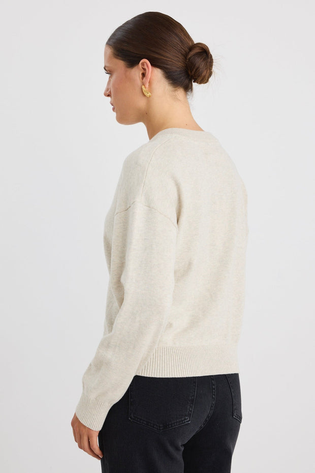 Delight Fine Knit Crew Cardigan - Oat Marle