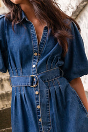 Dusk Storm Puff Sleeve Maxi Shirt Dress - Blue Denim