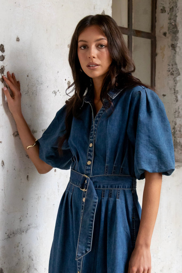 Dusk Storm Puff Sleeve Maxi Shirt Dress - Blue Denim