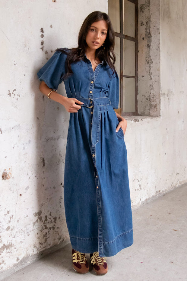 Dusk Storm Puff Sleeve Maxi Shirt Dress - Blue Denim