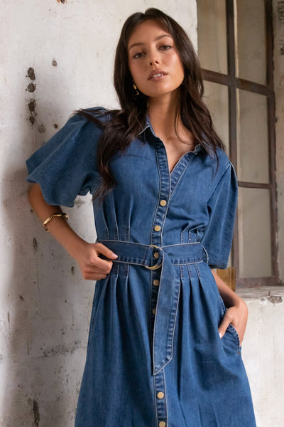 Dusk Storm Puff Sleeve Maxi Shirt Dress - Blue Denim