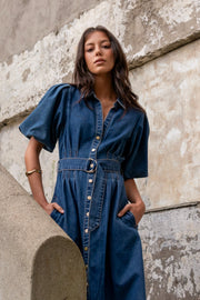 Dusk Storm Puff Sleeve Maxi Shirt Dress - Blue Denim