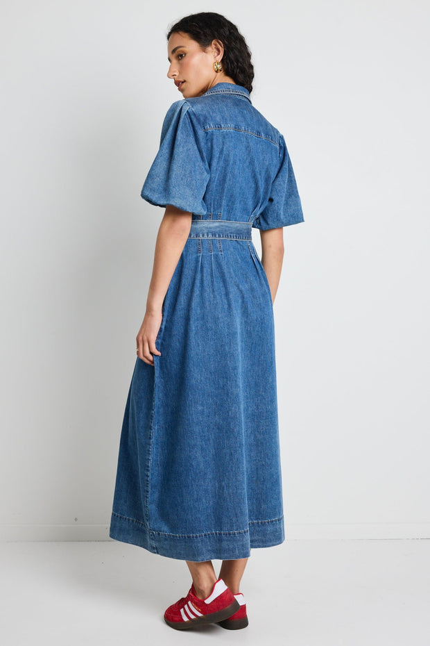 Dusk Storm Puff Sleeve Maxi Shirt Dress - Blue Denim
