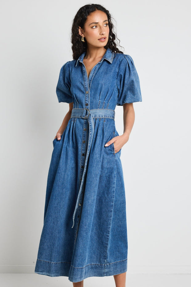 Dusk Storm Puff Sleeve Maxi Shirt Dress - Blue Denim