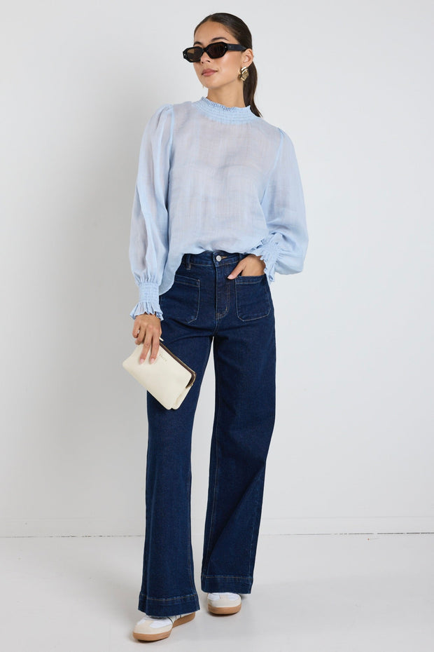 Embrace Ramie Shirred Neck Top - Ice Blue