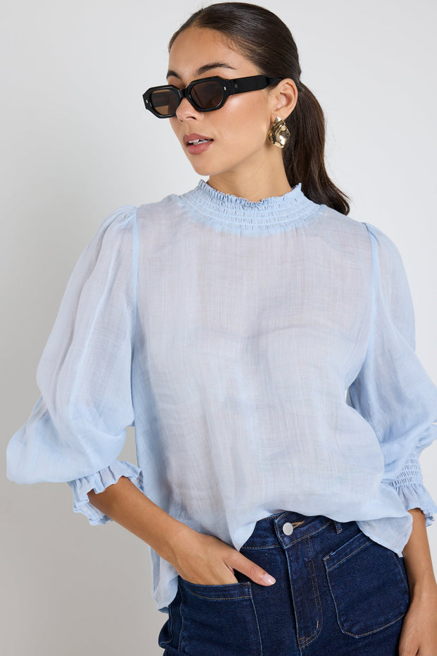 Embrace Ramie Shirred Neck Top - Ice Blue