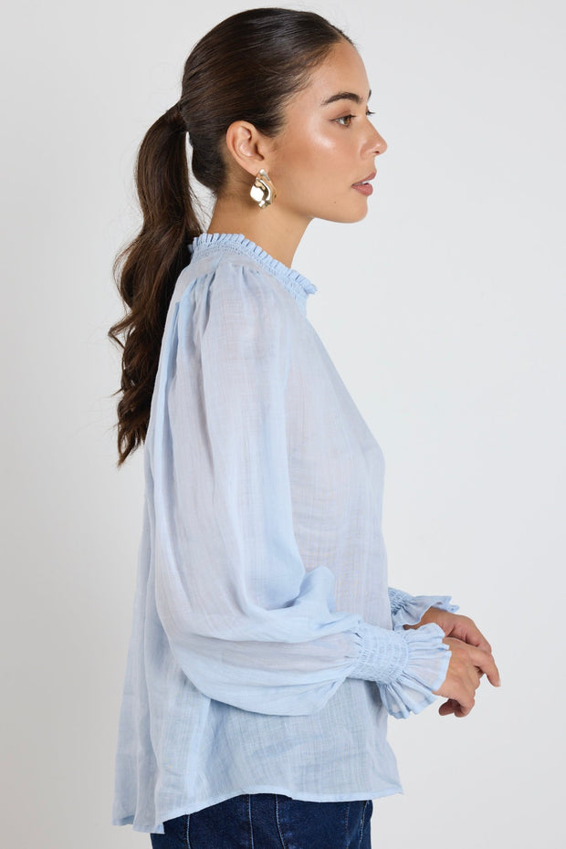 Embrace Ramie Shirred Neck Top - Ice Blue
