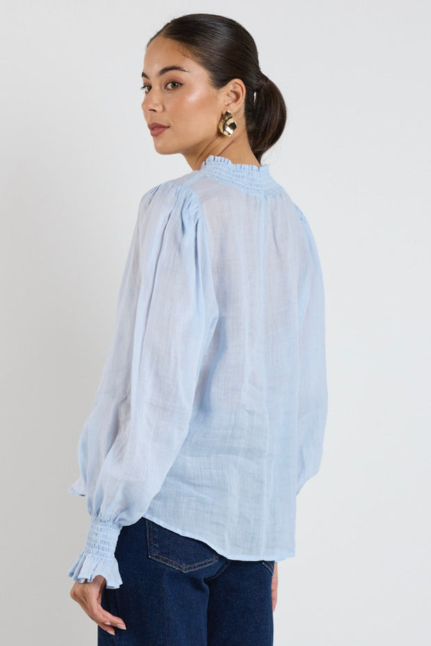 Embrace Ramie Shirred Neck Top - Ice Blue