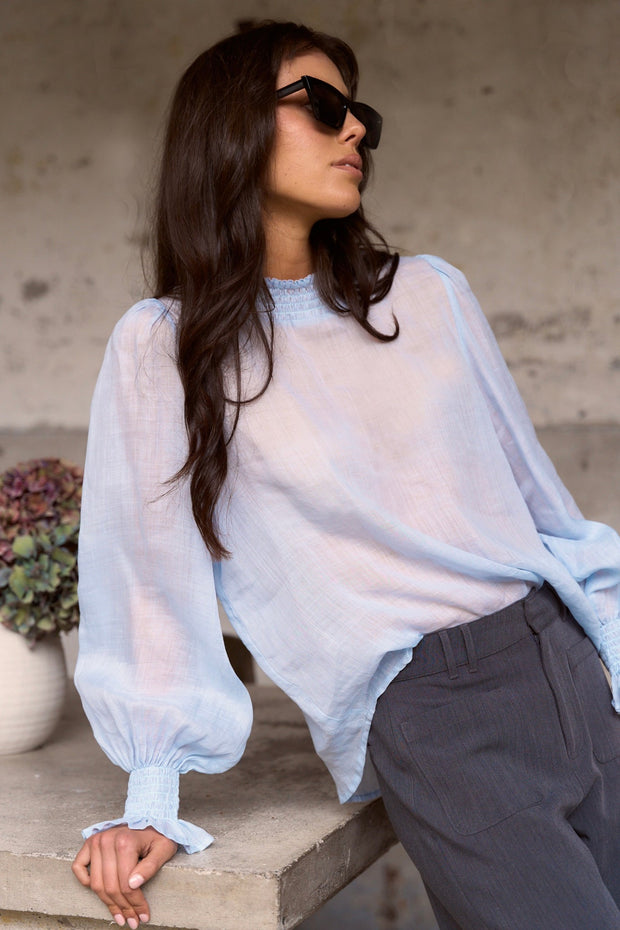 Embrace Ramie Shirred Neck Top - Ice Blue