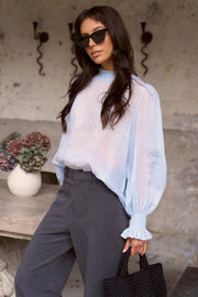 Embrace Ramie Shirred Neck Top - Ice Blue