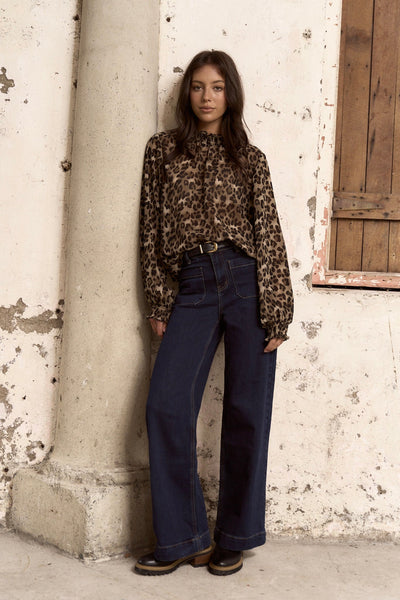 Embrace Georgette High Neck Long Sleeve Top - Leopard