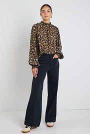 Embrace Georgette High Neck Long Sleeve Top - Leopard