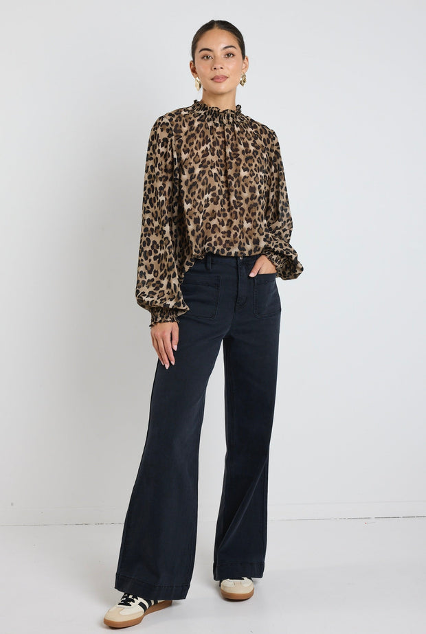 Embrace Georgette High Neck Long Sleeve Top - Leopard