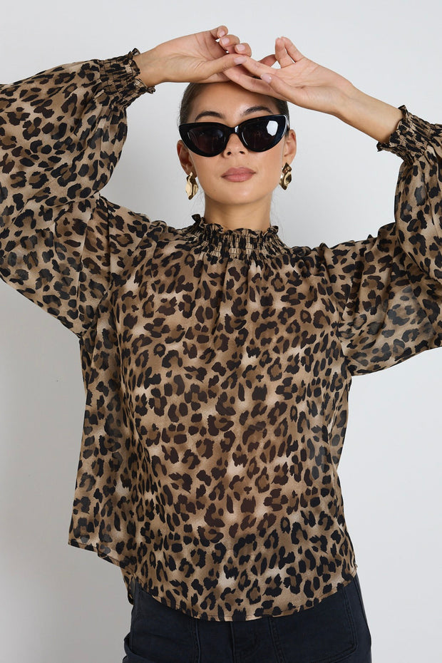 Embrace Georgette High Neck Long Sleeve Top - Leopard