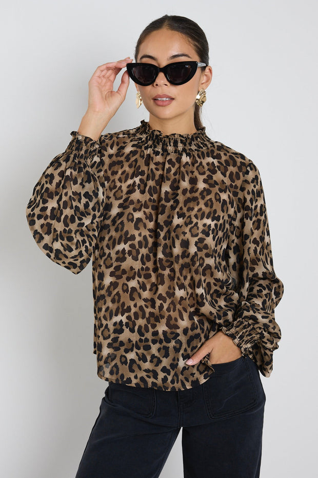 Embrace Georgette High Neck Long Sleeve Top - Leopard