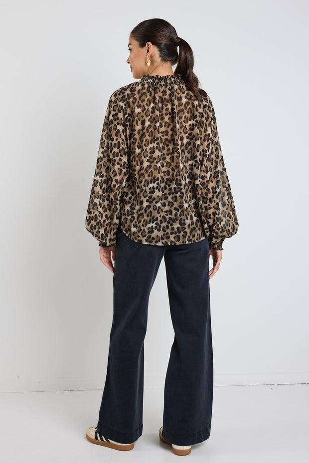 Embrace Georgette High Neck Long Sleeve Top - Leopard