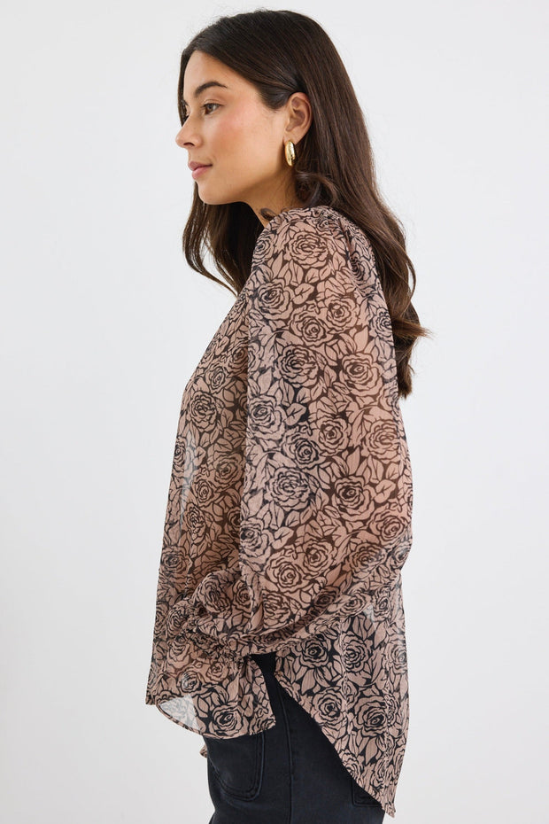 Endless Georgette Blouson Sleeve Top - Black Taupe Roses