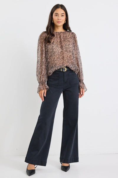 Endless Georgette Blouson Sleeve Top - Black Taupe Roses