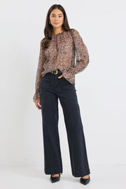 Endless Georgette Blouson Sleeve Top - Black Taupe Roses
