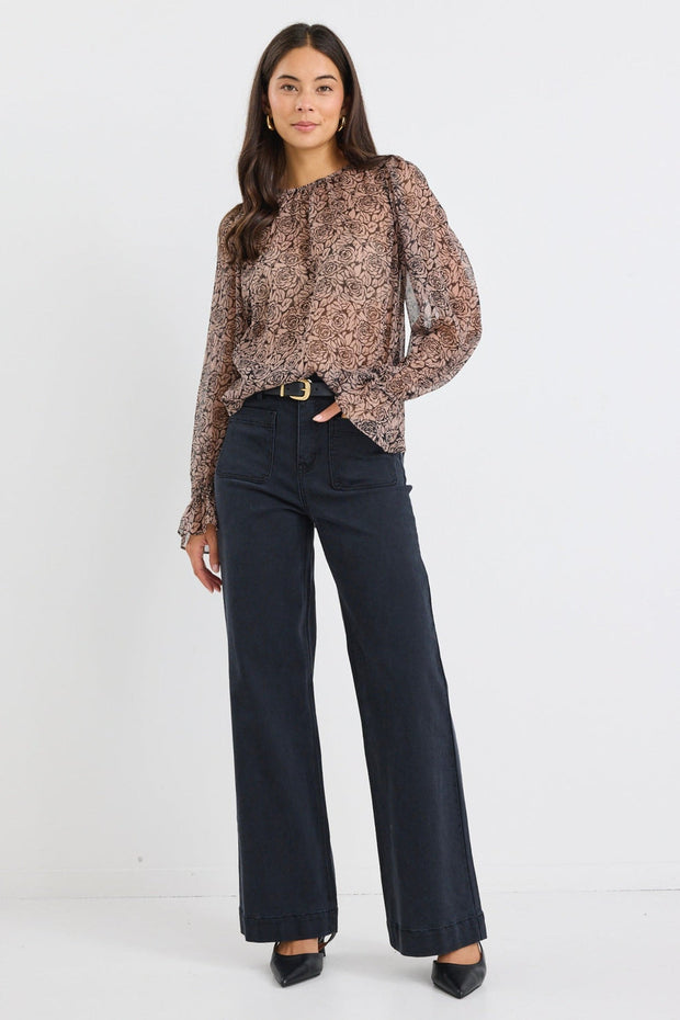 Endless Georgette Blouson Sleeve Top - Black Taupe Roses