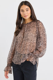 Endless Georgette Blouson Sleeve Top - Black Taupe Roses