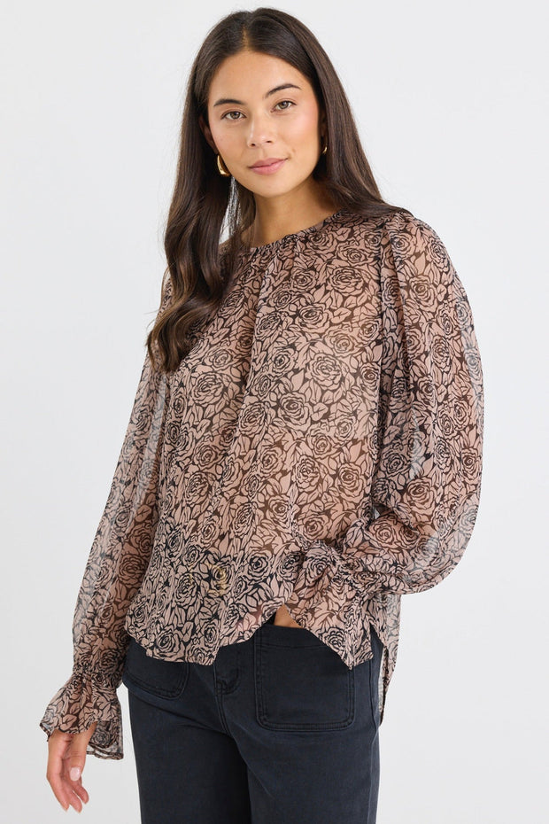 Endless Georgette Blouson Sleeve Top - Black Taupe Roses