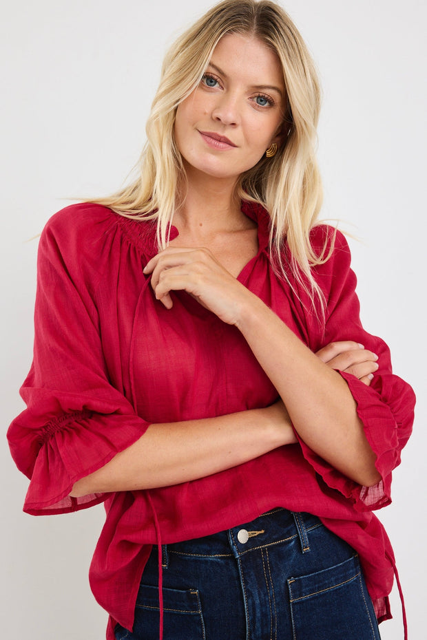 Expedition Shirred Neck S/S Top - Raspberry