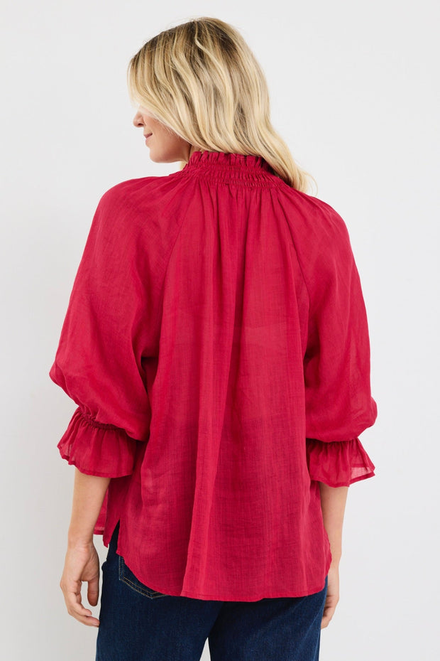 Expedition Shirred Neck S/S Top - Raspberry
