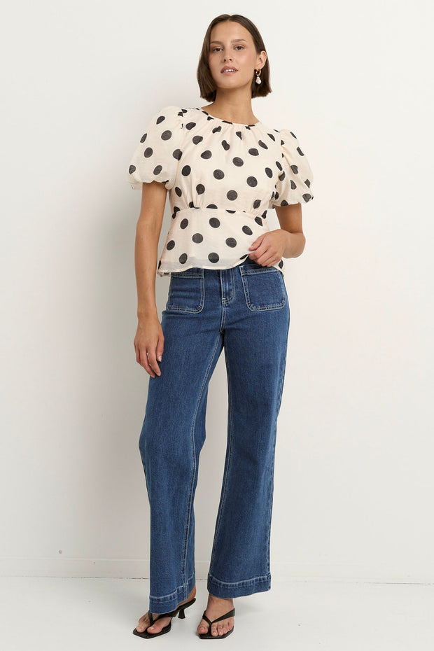 Finali Puff Sleeve Top - Cream/Black Polka Dot