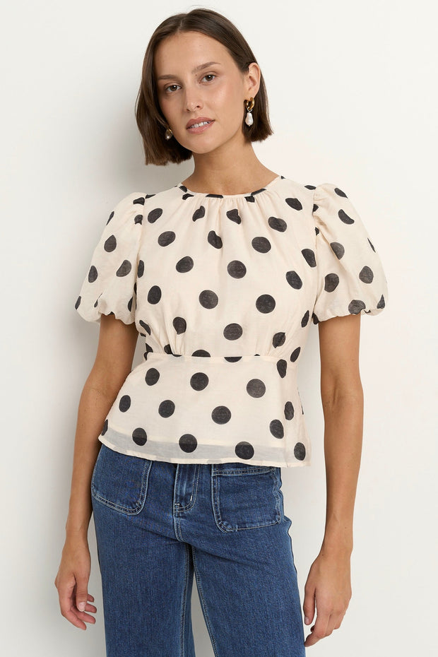 Finali Puff Sleeve Top - Cream/Black Polka Dot