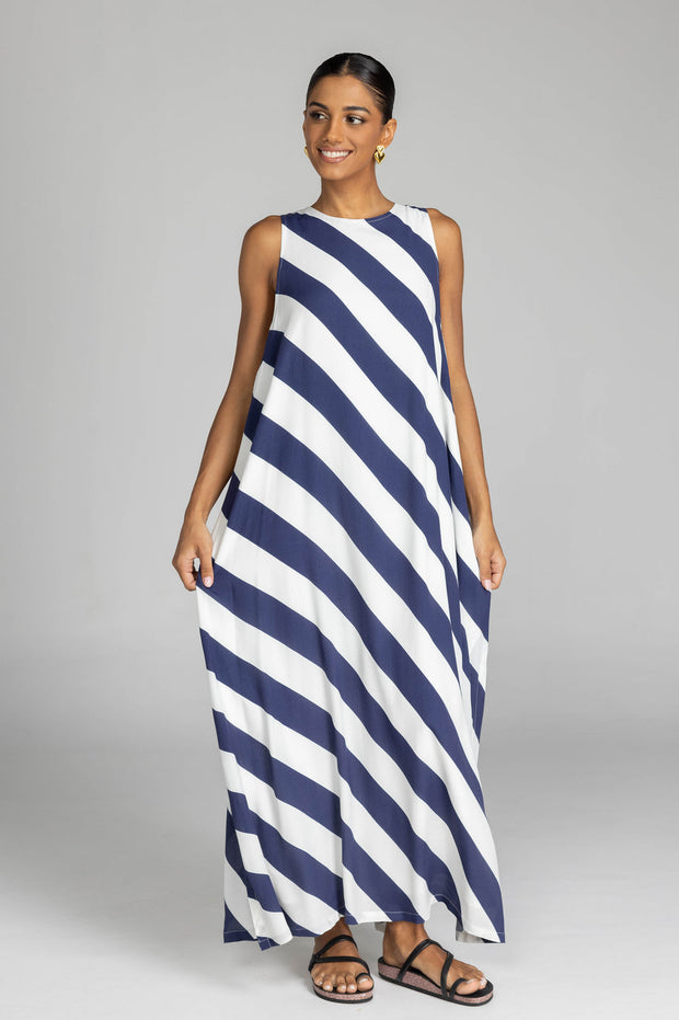 Finally Here Dress - Navy/White Diagonal Stripe