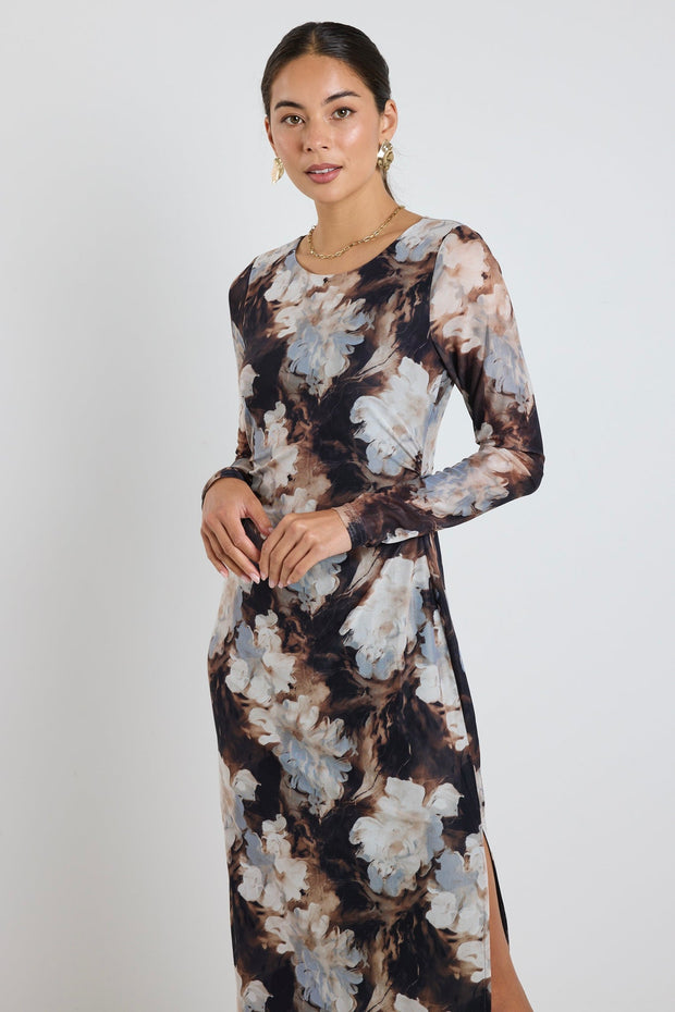 Gallery Mesh Long Sleeve Maxi Dress - Floral