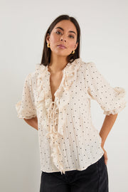 Garnish Polka Dot Front Frill Top - Cream/Black