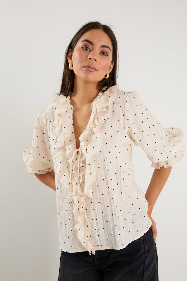 Garnish Polka Dot Front Frill Top - Cream/Black