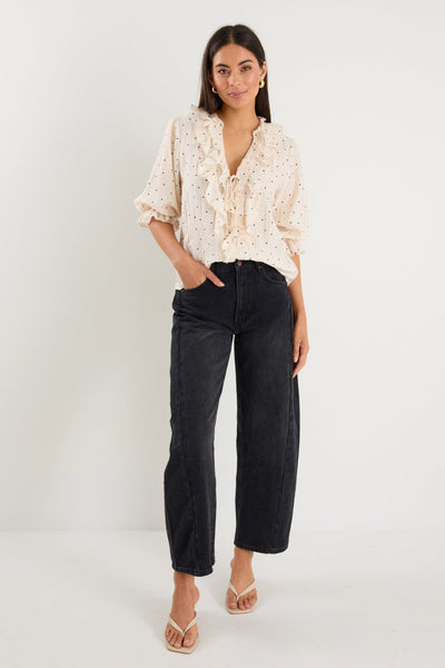 Garnish Polka Dot Front Frill Top - Cream/Black