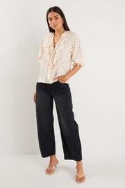 Garnish Polka Dot Front Frill Top - Cream/Black
