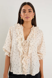 Garnish Polka Dot Front Frill Top - Cream/Black